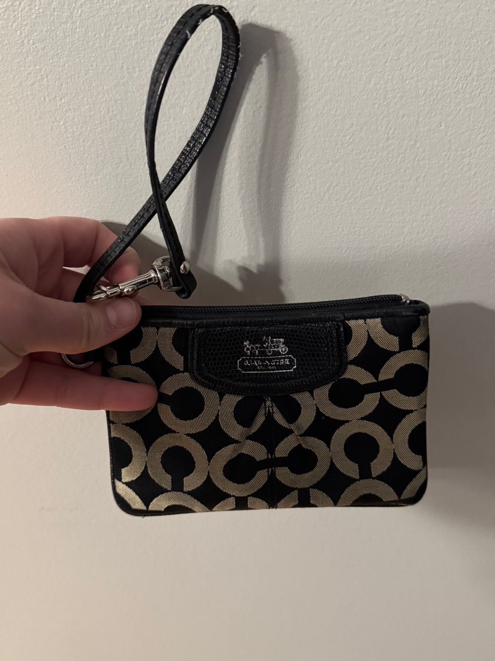 Coach Black and Khaki Signature Zip Wristlet